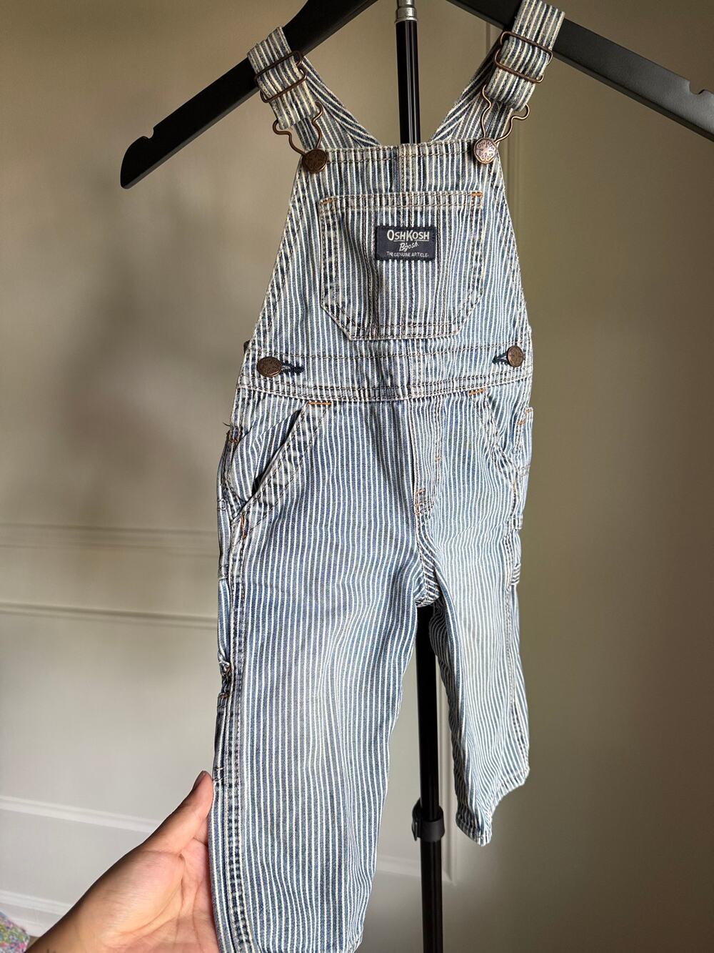 Vintage OshKosh B'Gosh 12M Hickory Stripe Overalls Railroad Denim Baby USA